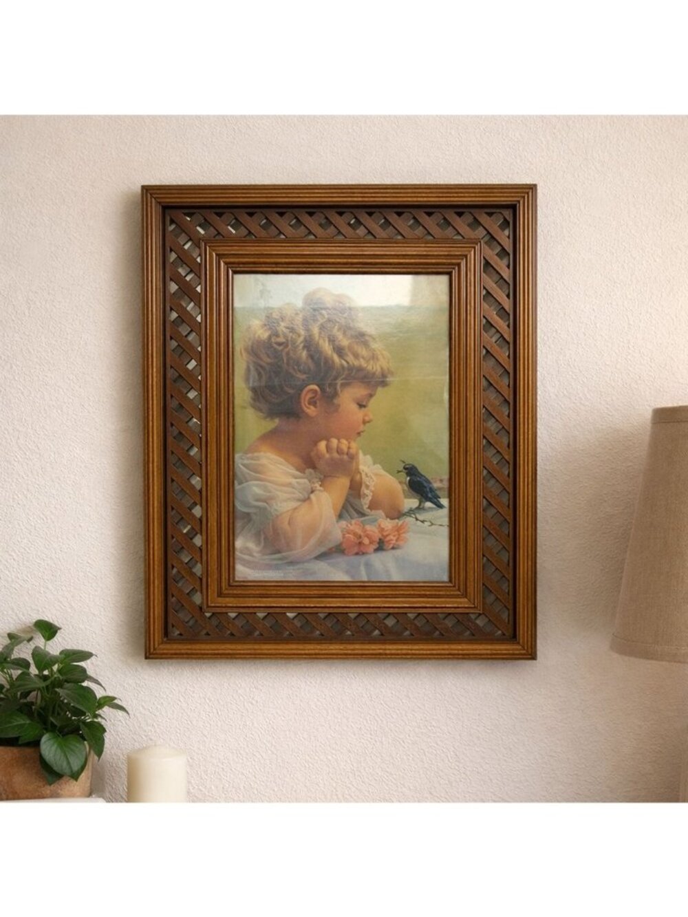 Vintage Praying Child Bird Print Wood Lattice Frame Religious Spring Wall Art